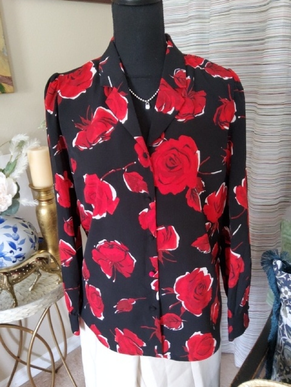 Black Button-Front Blouse with Red Rose Print - Women Tops